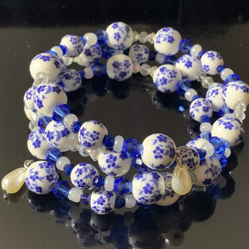 Dutch Delft ceramic and blue glass beaded coil bracelet (Hand Crafted)